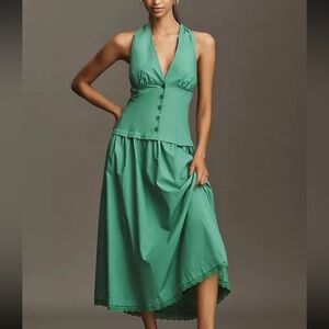 Anthropologie Maeve Green Halter Drop Waist Midi Dress